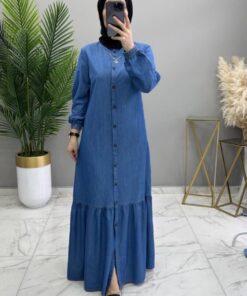Düğmeli Kot Elbise Koyu Mavi